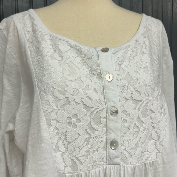 LOGO Lori Goldstein White Lace Trim Tunic Top Women’s Large Boho Cotton Long Sle - Picture 7 of 10